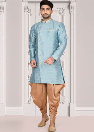 Blue Readymade Jacquard Sherwani With Dhoti