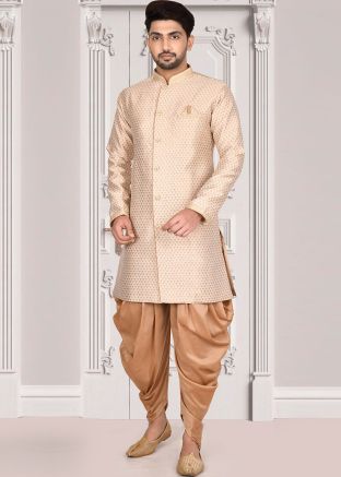 Readymade Cream Jacquard Sherwani With Dhoti Set