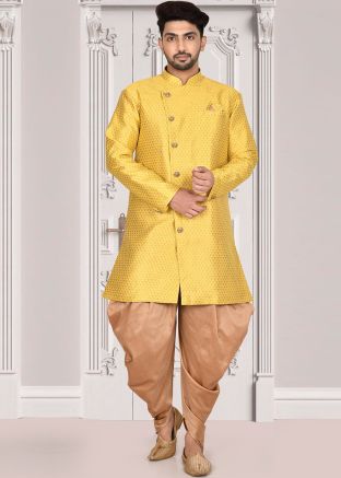 Yellow Readymade Jacquard Sherwani With Dhoti