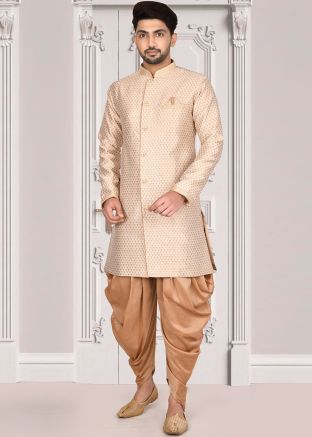 Cream Readymade Woven Sherwani With Dhoti Set