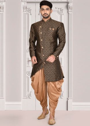 Black Readymade Asymmetric Sherwani With Dhoti Set