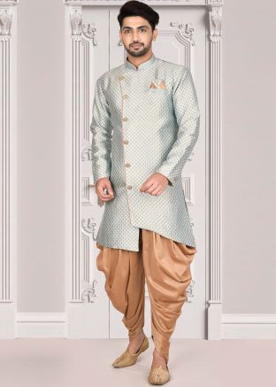 Blue Readymade Woven Sherwani With Dhoti Set
