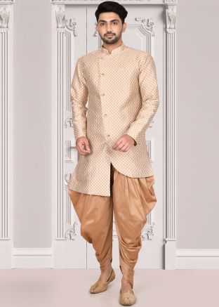 Cream Asymmetric Woven Readymade Sherwani Set