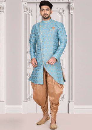 Blue Asymmetric Woven Readymade Sherwani Set