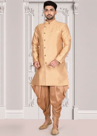 Peach Woven Readymade Sherwani And Dhoti Set
