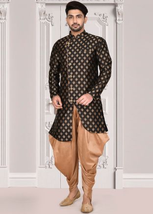 Black Asymmetric Woven Readymade Sherwani Set