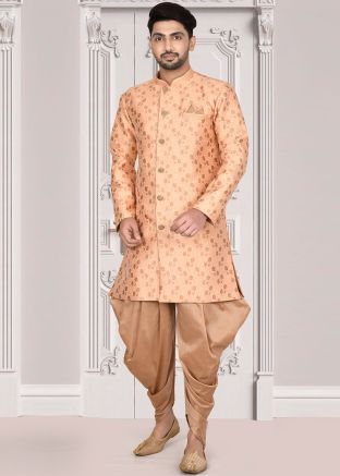 Readymade Peach Jacquard Sherwani And Dhoti Set