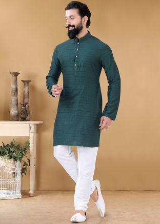 Green Stripes Printed Kurta Pajama In Cotton