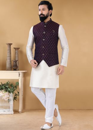Off White Kurta Pajama With Maroon Nehru Jacket