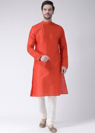 Orange Dupion Silk Readymade Kurta With Churidar