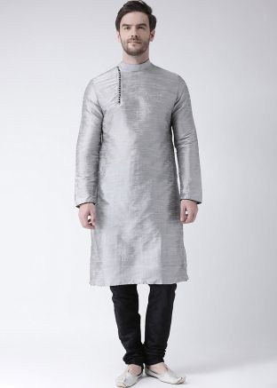 Readymade Grey Dupion Silk Kurta With Churidar