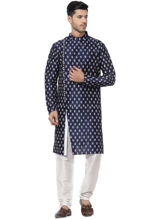 Navy Blue Printed Slitted Kurta With Churidar