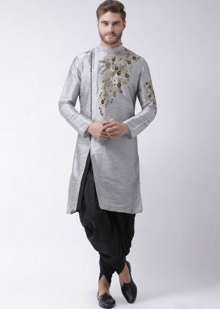 Grey Embroidered Dhoti Kurta In Angrakha Style