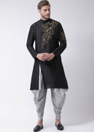 Black Mens Embroidered Angrakha Style Dhoti With Kurta