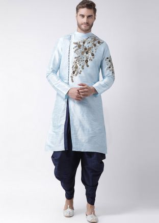 Blue Embroidered Slit Style Angrakha Dhoti Kurta Set