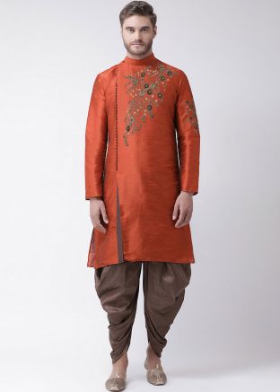 Orange Embroidered Dhoti Kurta In Angrakha Style