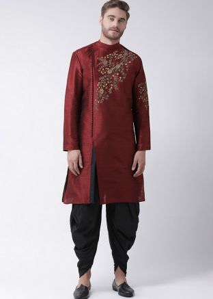 Maroon Slit Style Embroidered Dhoti With Kurta