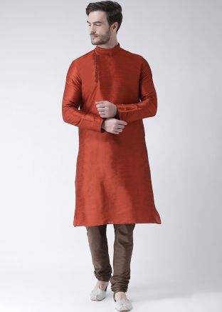 Maroon Dupion Silk Readymade Kurta With Churidar