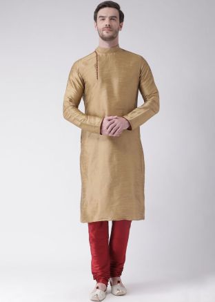 Readymade Golden Dupion Silk Kurta Churidar Set