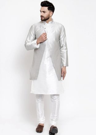 White Dupion Silk Kurta Pajama With Asymmetric Jacket