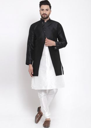 White Kurta Churidar Set With Black Jacket