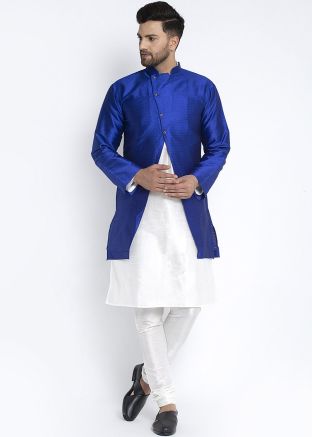 Readymade White Kurta Pajama With Woven Jacket