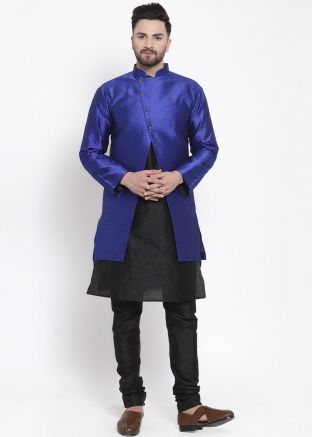 Black Kurta Pajama Set With Blue Woven Jacket