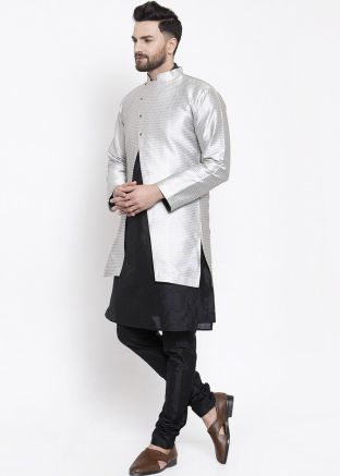 Black Dupion Silk Kurta Churidar With Woven Jacket