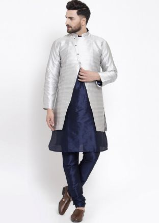 Navy Blue Mens Kurta Pajama With Grey Woven Jacket