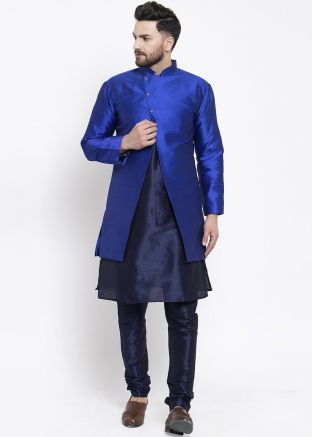 Navy Blue Festive Wear Kurta Pajama With Jacket