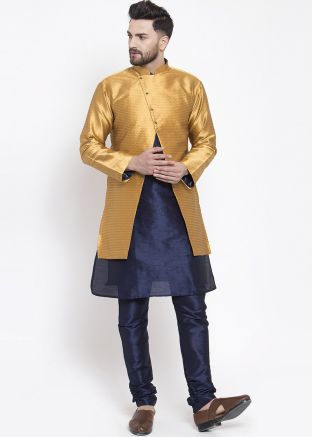 Mens Navy Blue Kurta Pajama With Golden Woven Jacket
