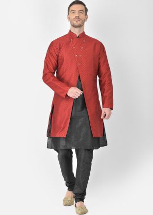Black Dupion Silk Kurta Pajama With Red Jacket