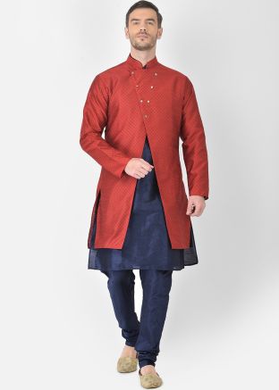 Navy Blue Kurta Churidar Set With Red Woven Jacket
