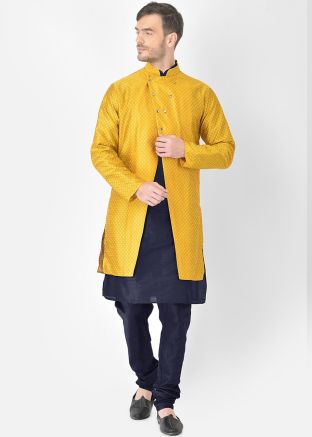 Navy Blue Kurta Churidar Set With Yellow Jacket
