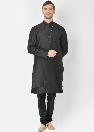 Black Kurta Pajama With Woven Jacket In Dupion Silk