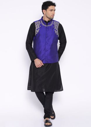 Black Kurta Pajama With Embroidered Jacket
