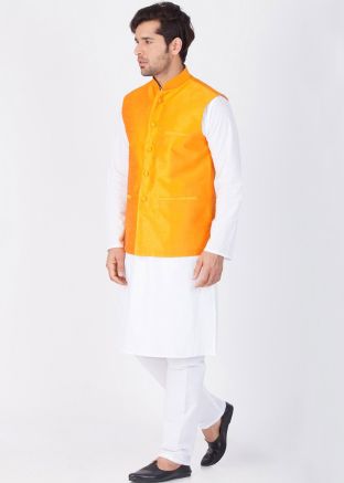White Kurta Pajama With Orange Nehru Jacket