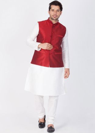 White Mens Kurta Pajama With Maroon Nehru Jacket