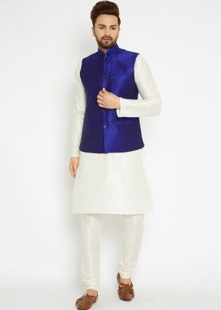 Festive Wear White Kurta Pajama With Nehru Jacket