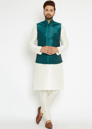 White Kurta Churidar Set With Nehru Jacket