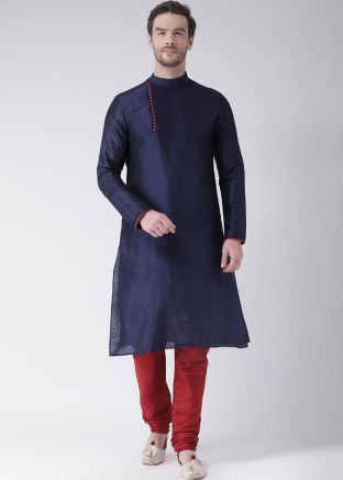 Navy Blue Readymade Dupion Silk Kurta Churidar Set