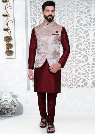 Maroon Readymade Kurta Pajama With Woven Jacket