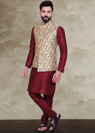 Maroon Kurta Pajama With Cream Asymmetric Printed Jacket