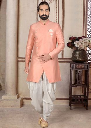 Peach Silk Indo Western Sherwani With Dhoti