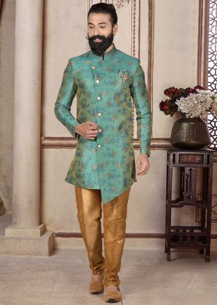 Blue Woven Asymmetric Indo Western Sherwani Set