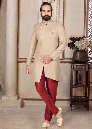 Beige Asymmetric Indo Western Sherwani With Pant