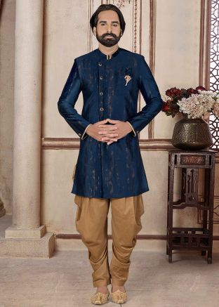 Navy Blue Woven Indo Western Sherwani Set