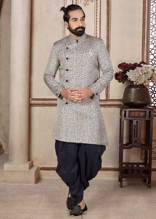 White Woven Indo Western Sherwani With Dhoti
