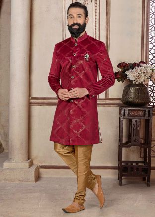 Maroon Woven Indo Western Sherwani Set