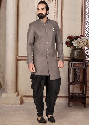 Grey Asymmetric Indo Western Sherwani Set